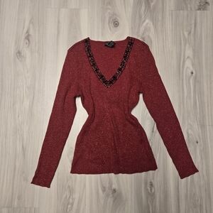 New York & Co VTG Beaded Metallic Ribbed Sweater Red Medium